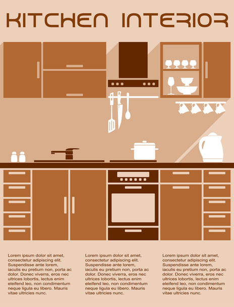 Brown and beige kitchen interior design in flat style - Vector, Image