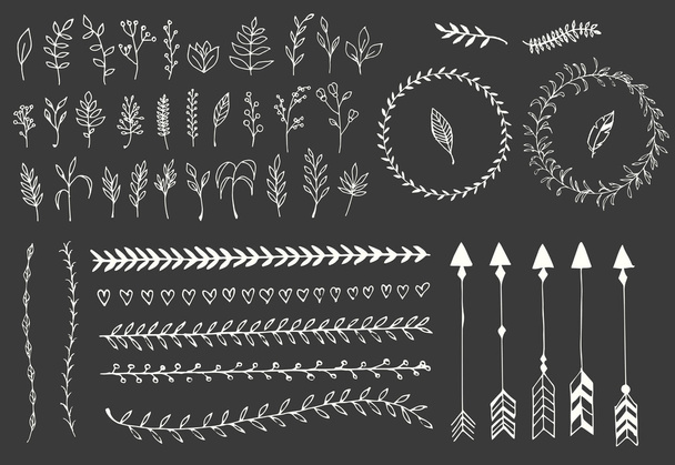 Hand drawn vintage arrows, feathers, dividers and floral elements - Vector, Image