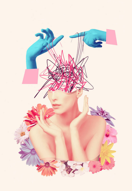 Hedendaagse kunst collage, design. Abstracte doktershanden in de buurt van het menselijk hoofd, werken met mentale problemen. Psychiater. Concept van medische hulp, behandeling, geestelijke behandeling - repareren van uw hersenen concepten - Foto, afbeelding