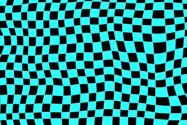Psychedelsäure im Hintergrund. Surreale moderne geometrische Formen, abstrakte Drucke und karierte Muster. Grooviger Hintergrund im angesagten Stil von Y2K, den 90er Jahren. Welliges Schachbrett. Blaue und schwarze Farben - Foto, Bild