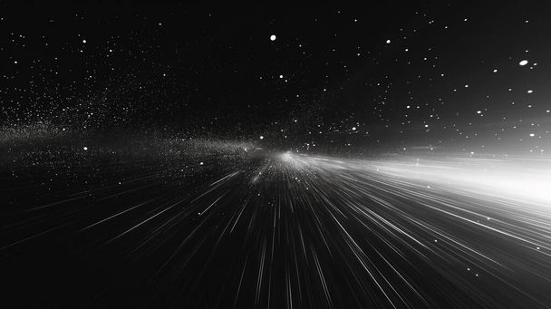 Czarno-białe zobrazowanie przestrzeni z gwiazdami i cząstkami światła biegnącymi w kierunku jasnego centrum. - Zdjęcie, obraz