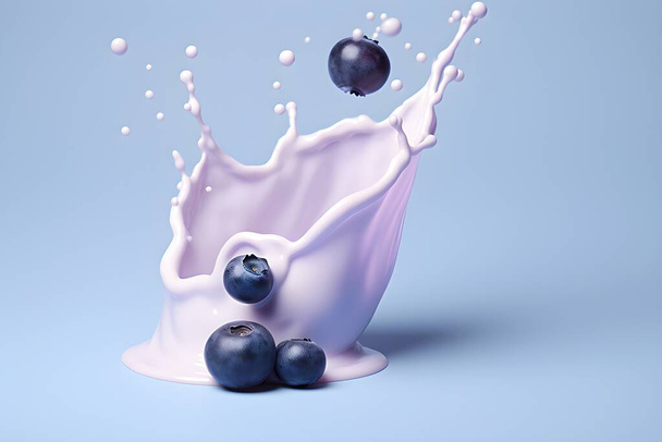 Close-up van melk spatten met bosbessen vliegen op een blu achtergrond, gemaakt door ai. 3D illustratie - Foto, afbeelding
