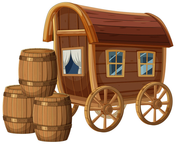 Cartone animato di carro vecchio stile con barili di legno - Vettoriali, immagini