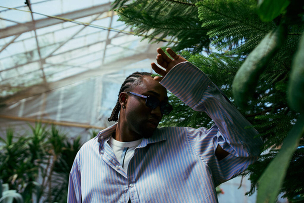 Un hombre afroamericano con estilo se para en un invernadero, sosteniendo su mano en su cabeza. - Foto, Imagen