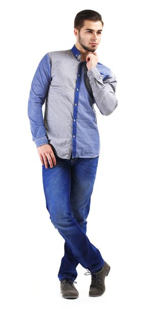 Man in blue shirt and jeans isolated on white - Fotografie, Obrázek