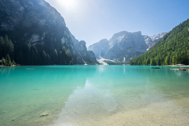 Braies Lake in Dolomites mountains, South Tyrol, Italy - Photo, Image