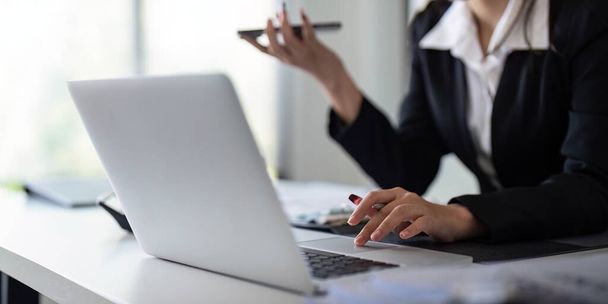 Bir pazarlama planı için dizüstü bilgisayarı kullanarak çalışan iş kadını, bilanço raporunu analiz eder ve bilgi yazar.. - Fotoğraf, Görsel