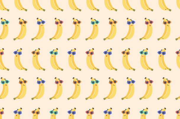Банановый бесшовный рисунок. Ручной рисунок Милые улыбающиеся бананы в цветных солнцезащитных очках. Банановый мультяшный фон. Векторная иллюстрация для обоев, текстиля, печати, детской продукции, паутины, чехла, оберточной бумаги - Вектор,изображение