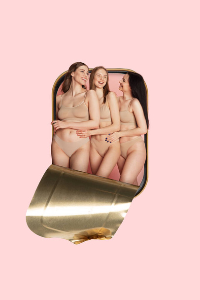 collage de arte contemporáneo. Estándares de belleza. Tres mujeres sonrientes en ropa interior beige posando juntas, emergiendo de la lata de sardina. Concepto de feminidad, salud femenina, derechos humanos, unidad - Foto, imagen