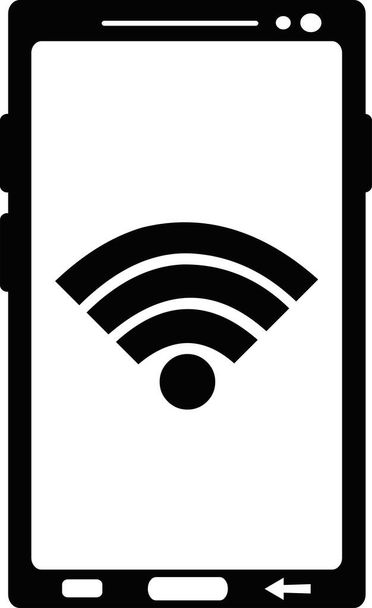 desenho vetorial ilustração telefone celular, smartphone ou tablet com símbolo de frequência ondas sinal wifi, desenhado na cor preto e branco - Vetor, Imagem
