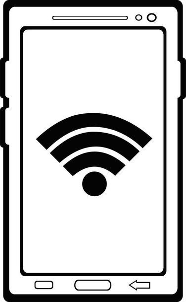 Vektor Zeichnung Illustration Mobiltelefon, Smartphone oder Tablet mit Symbol Frequenzwellen Wifi-Signal, in schwarz-weißer Farbe gezeichnet - Vektor, Bild