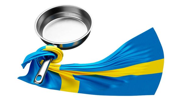 Сміливе зображення шведського прапора, з синьо-жовтими кольорами, що плавно тече з блискучої сковороди в темряву. - Фото, зображення