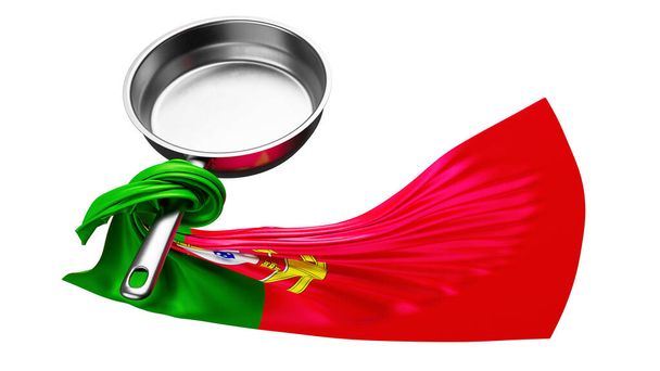 Португальський прапор елегантно розчиняється з блискучої сковороди, його зелені та червоні відтінки, акцентовані гербом на темному тлі. - Фото, зображення