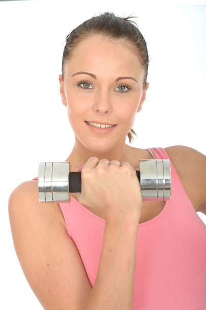 Healthy Happy Young Woman Training With Dumbbell Weights, Smiling - Photo, Image