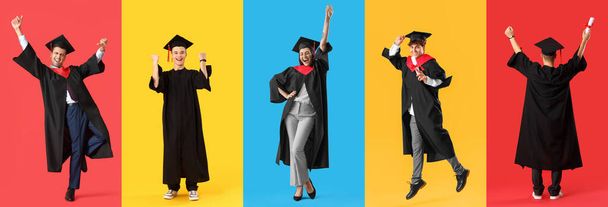 Collage de estudiantes graduados felices sobre fondo de color - Foto, imagen