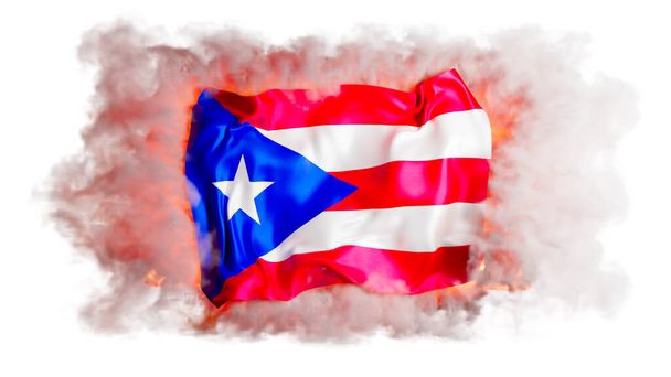 A Puerto Ricó-i zászló élénk ábrázolása ködös füsttel és tüzes elemekkel körülölelve, kiemelve a nemzet szellemét és vitalitását. - Fotó, kép