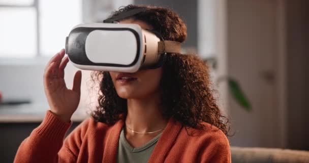 Woman, future and VR technology with streaming for gaming, digital transformation and metaverse. Home, female person and simulation for augmented reality with neon, high tech and user experience. - Footage, Video