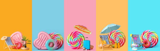Набір надувних матраців з кільцями, валізами та пляжними аксесуарами на кольоровому фоні - Фото, зображення