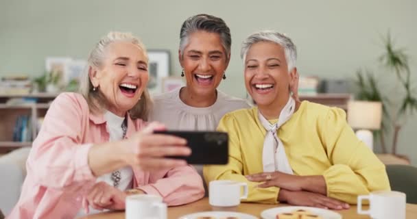 Selfie, femmes âgées et paix signent à la réunion, sourire ou image pour la mémoire du thé. Des femmes, des citoyens stupides ou âgés réunis pour un appel vidéo, se détendre ou bruncher pour manger, aimer ou à la maison. - Séquence, vidéo