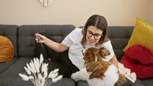 Mosolygó nő csinál szelfi kisállat kutya egy hangulatos kanapén egy modern nappaliban - Felvétel, videó