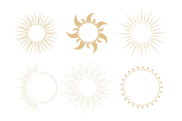 Set de marcos celestes dorados sol, bordes, arco línea de arte esotérico decoración minimalista con destellos aislados sobre fondo oscuro. Ilustración vectorial - Vector, imagen