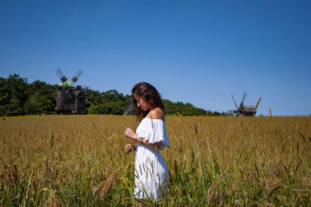 Terres agricoles d'été. Femme en robe blanche au champ ukrainien de blé. Femme en Ukraine champ avec épillets. Femme d'été en robe de plein air. Fille et campagne nature. Femme de la campagne dans le champ. - Photo, image