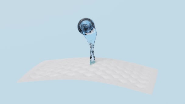 3d giet water uit een drinkglas op de absorberende pad en ventileer shows met synthetische vezel haar, waterdruppels voor luiers, sanitaire servet, baby luier volwassen concept, 3d maken illustratie - Video