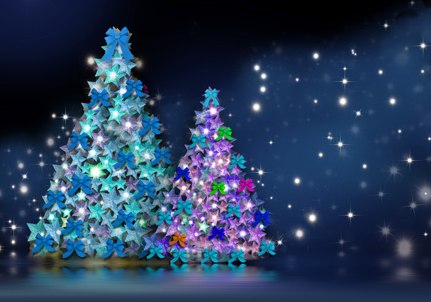 Carte de Noël à deux sapins la nuit des étoiles
 - Photo, image