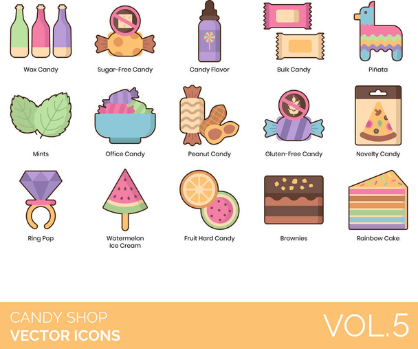 Candy Shop ikonok, beleértve a keksz, bonbon, ömlesztett cukorka, vajkaramella, torta, cukorka bár, cukorka gombok, cukorka cukornád, cukorka bevonatú popcorn, cukorka kukorica, cukorka íz, cukorka üveg, cukorka gép, cukorka bolt - Vektor, kép