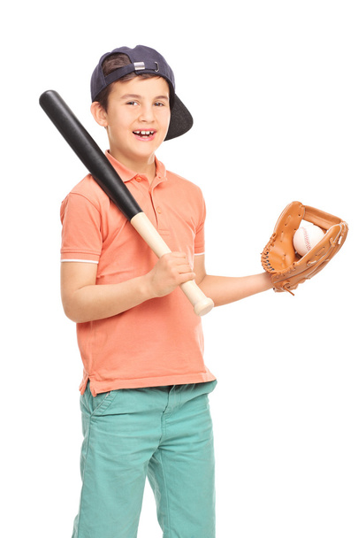 Baseball pelaaja tilalla bat ja pallo
 - Valokuva, kuva