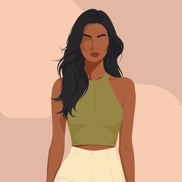 Vector flat fashion illustration of a beautiful sexy young African woman wearing a crop top and high waist wide leg pants. Illustration in natural pastel shades. - Vector, Image