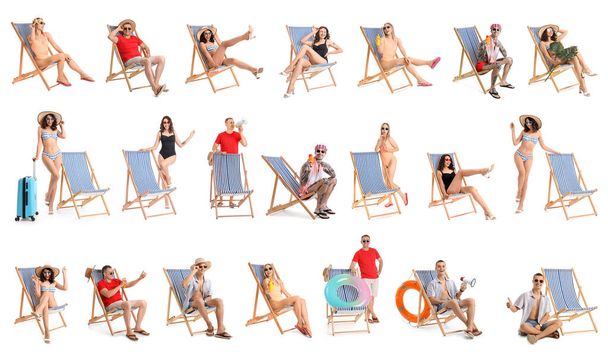 Collage de personnes avec chaises de plage sur fond blanc - Photo, image