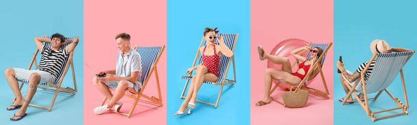 青とピンクの背景に対してビーチチェアに座っている若者のコラージュ - 写真・画像
