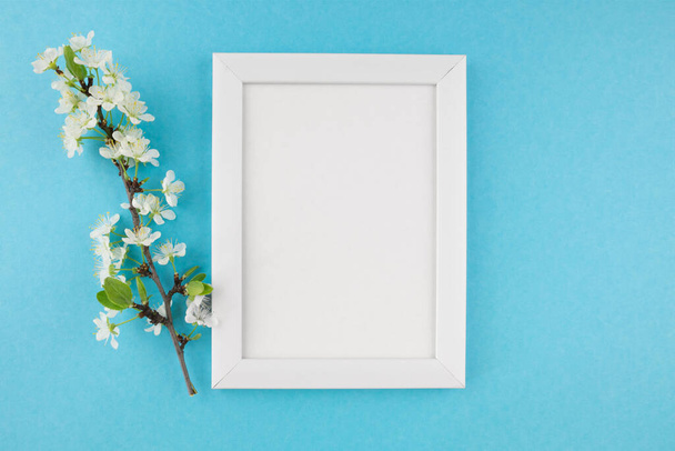 Фотографія верхнього виду білої дерев'яної фоторамки та гілки з квітами на пастельно-блакитному тлі з порожнім простором. Обкладинка, банер, місце для тексту - Фото, зображення