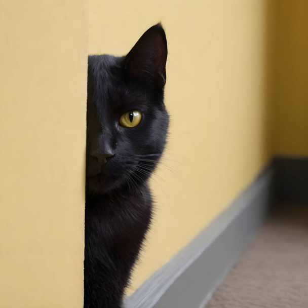 Elegancki czarny kot o intensywnych żółtych oczach siedzi w pobliżu żółtego tła. Kontrastowe kolory podkreślają lśniące futro kotów i ostre szczegóły jego cech. - Zdjęcie, obraz