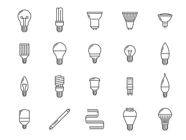 Glühbirne und LED-Lampe Linie Symbole. Vereinzelte Vektor einfache Umrisse Zeichen repräsentieren Beleuchtungstechnologie. Dünne Reihe traditioneller und moderner energieeffizienter Geräte für Beleuchtungslösungen - Vektor, Bild