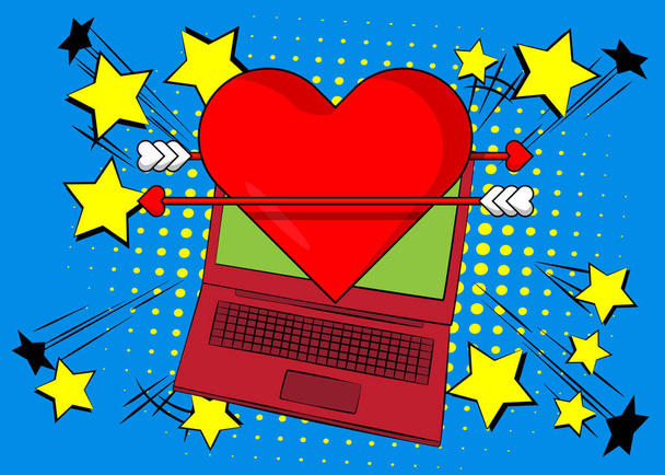 Cartoon Laptop, κόμικ Notebook με καρδιά, σύμβολο του Αγίου Βαλεντίνου. Ρετρό διάνυσμα κόμικς pop art design. - Διάνυσμα, εικόνα