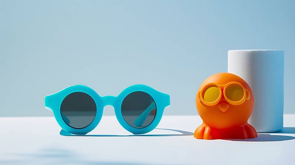 Gafas de sol azules y un pulpo naranja de juguete en una mesa blanca. - Foto, imagen