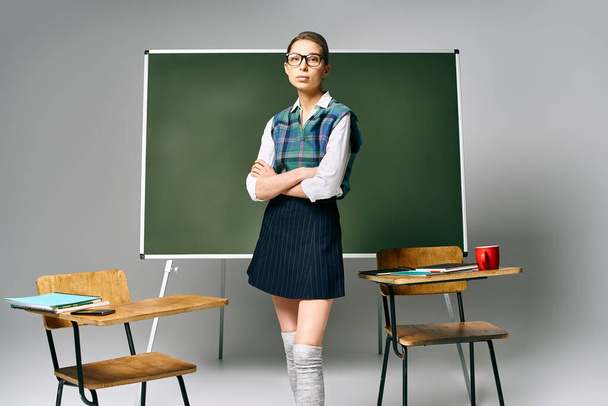 Egy egyenruhás lány magabiztosan áll egy zöld tábla előtt egy főiskolai környezetben.. - Fotó, kép
