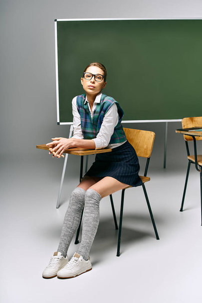 vrouwelijke student in uniform zitten voor groene boord, geabsorbeerd in het leren. - Foto, afbeelding