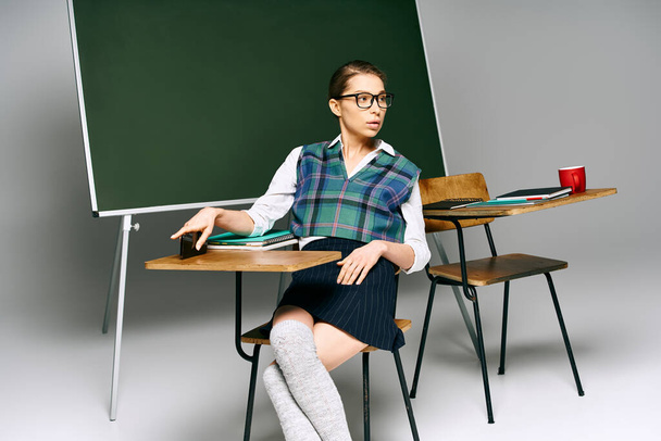 Üniformalı genç bir kadın üniversite sınıfında yeşil bir panonun önünde oturuyor.. - Fotoğraf, Görsel