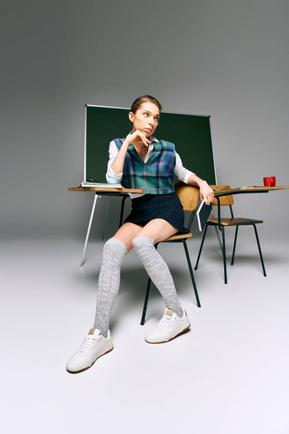 Nuori nainen opiskelija yhtenäinen istuu vihreällä aluksella luokkahuoneessa. - Valokuva, kuva