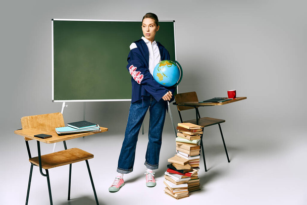Une femme se tient près d'un bureau avec des livres et un globe. - Photo, image