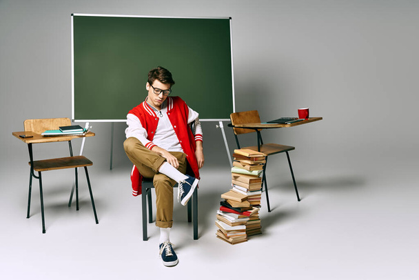 Ein Mann sitzt auf einem Stuhl neben einem grünen Brett in einem Klassenzimmer. - Foto, Bild