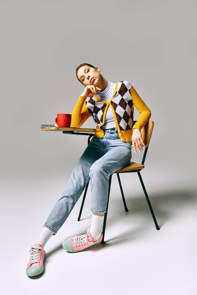 Una donna si siede pacificamente su una sedia, gustando una tazza di caffè. - Foto, immagini