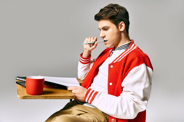 Un hombre con una chaqueta roja se sienta en un escritorio, con una taza de café. - Foto, imagen