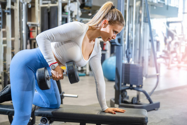 Attractive fit woman lifting dumbbells on bench at gym. Blonde sporty woman doing exercise with dumbbells. - Photo, Image