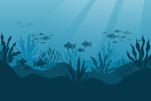 Vedenalainen merimaisema, levät ja riutat, kalakoulun siluetti. Merenpohjan tausta meren kasvisto ja eläimistö, korallit, siluetit merieläinten. Vektori - Vektori, kuva