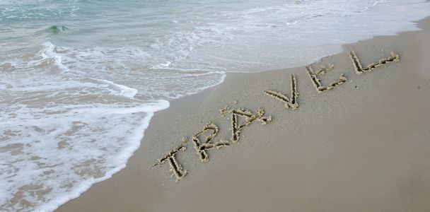 Travel drawn on sea beach - Zdjęcie, obraz