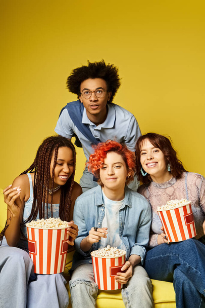Monipuolinen joukko nuoria ystäviä istuu tiiviisti, pitäen popcornia, kun he nauttivat toistensa seurasta tyylikkäässä studioympäristössä.. - Valokuva, kuva